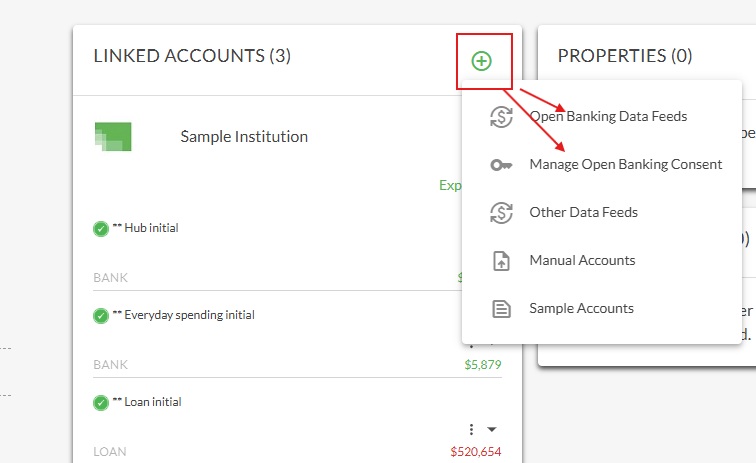 Screenshot plus button menu list Open banking consent v2